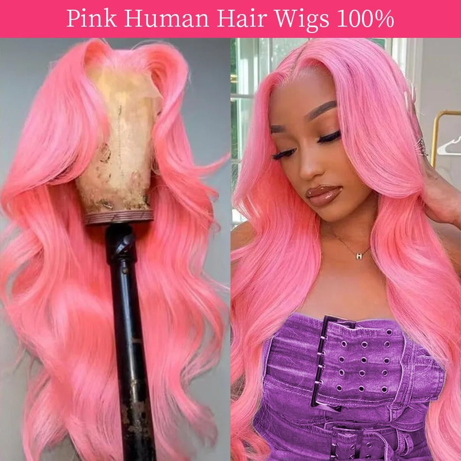 Pink Wig Body Wave Human Hair Wigs 100% 13X6 Hd Lace