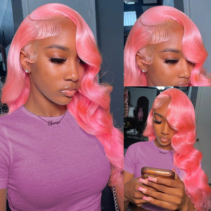 Density Pink Human Hair Wig Body Wave Lace