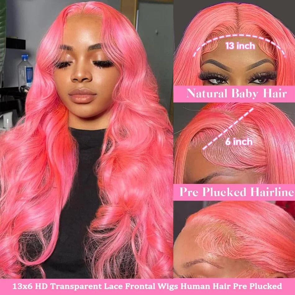 Pink Wig Body Wave Human Hair Wigs 100% 13X6 Hd Lace