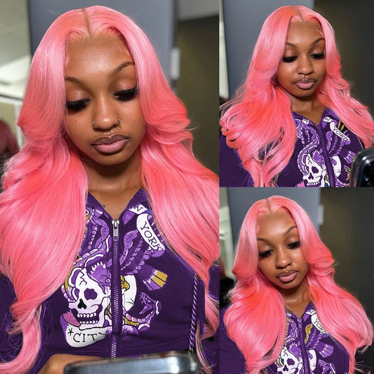 Density Pink Human Hair Wig Body Wave Lace
