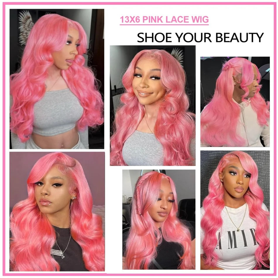 Pink Wig Body Wave Human Hair Wigs 100% 13X6 Hd Lace